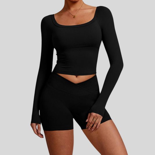 Close-up of Kaos The Label Cleo Set Black fabric texture and stitching details