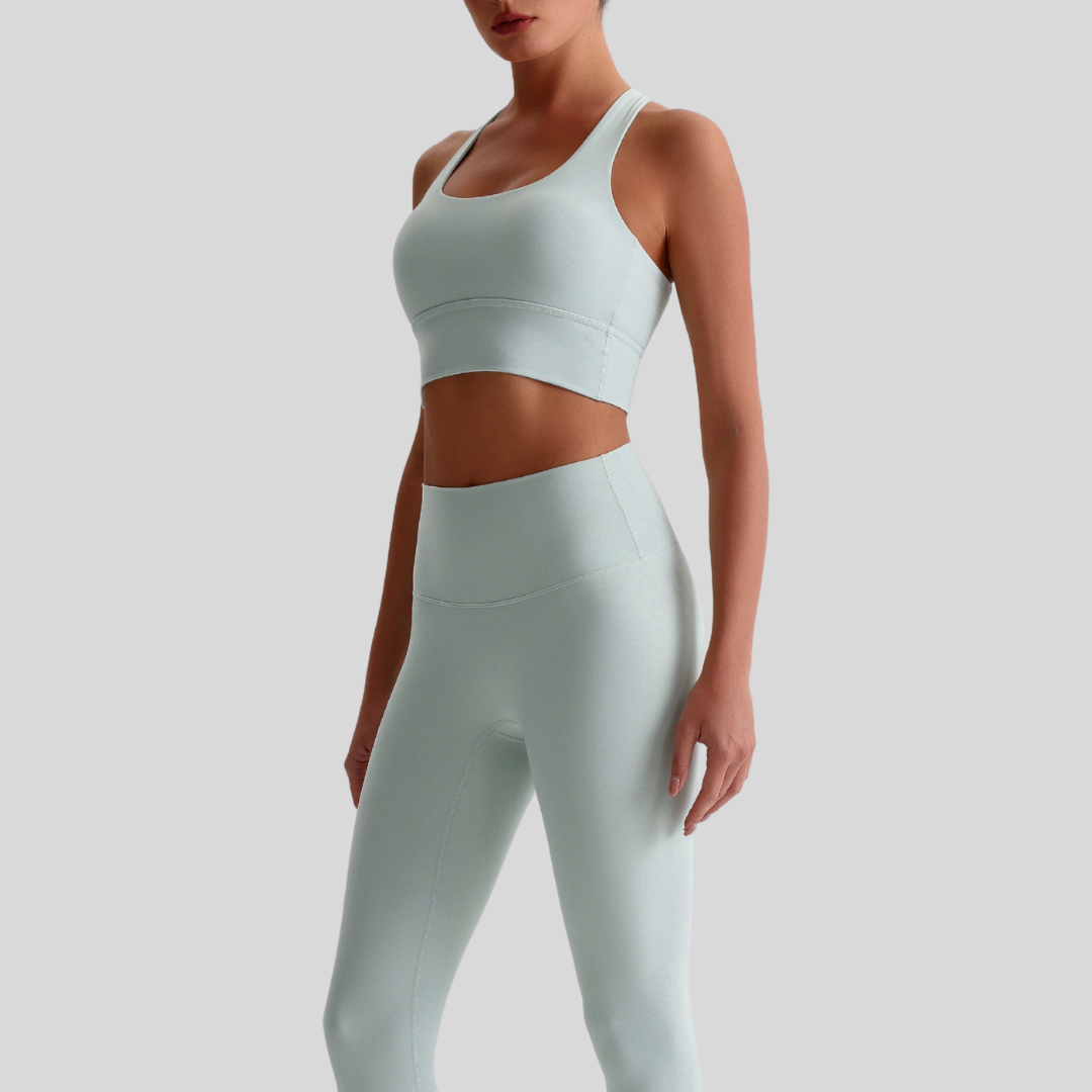 Close-up of Kaos The Label Isla Set Light Green fabric texture and stitching details