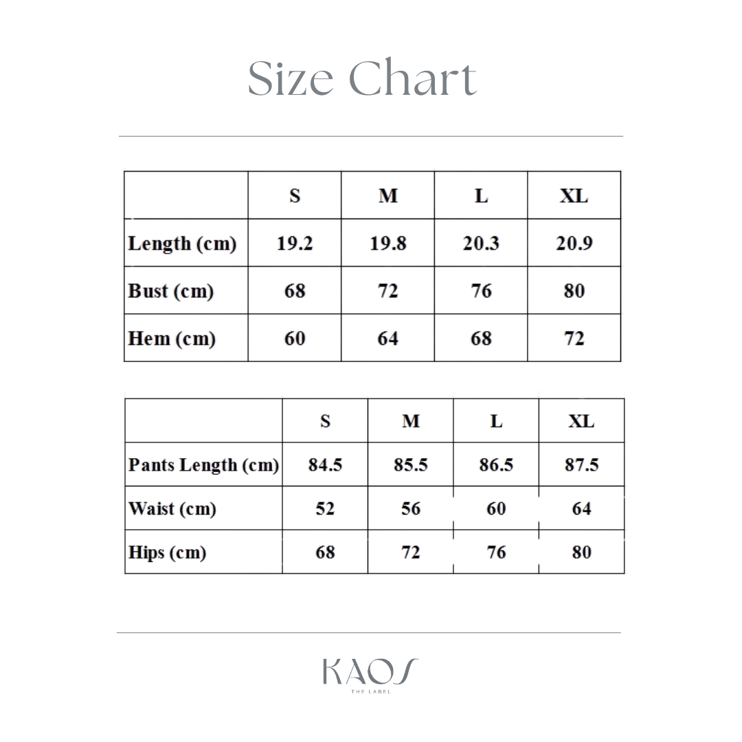 Kaos The Label women's activewear size chart showing measurements for small, medium, large and extra large sizes.