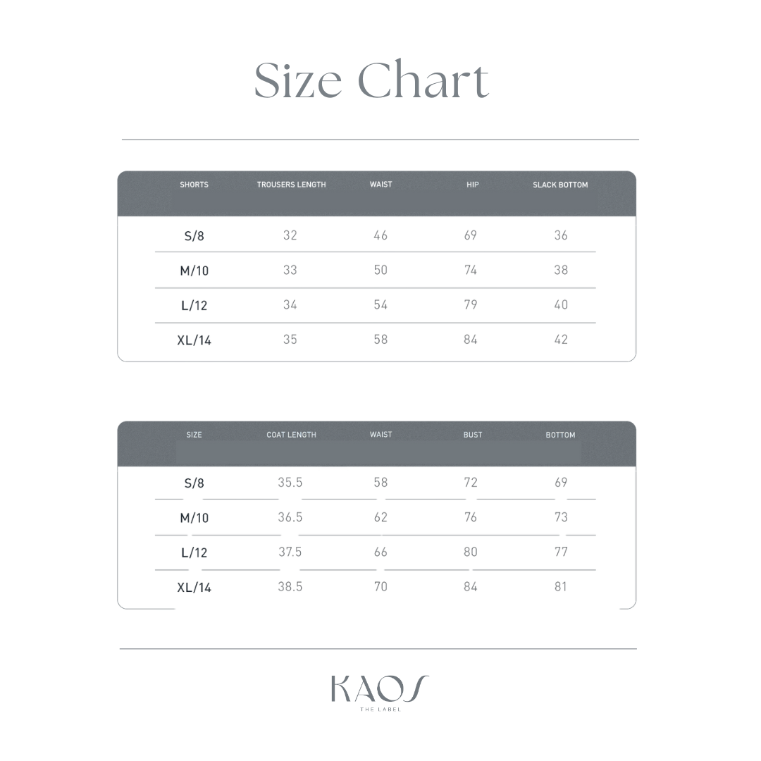 Kaos The Label women's activewear size chart showing measurements for small, medium, large and extra large sizes