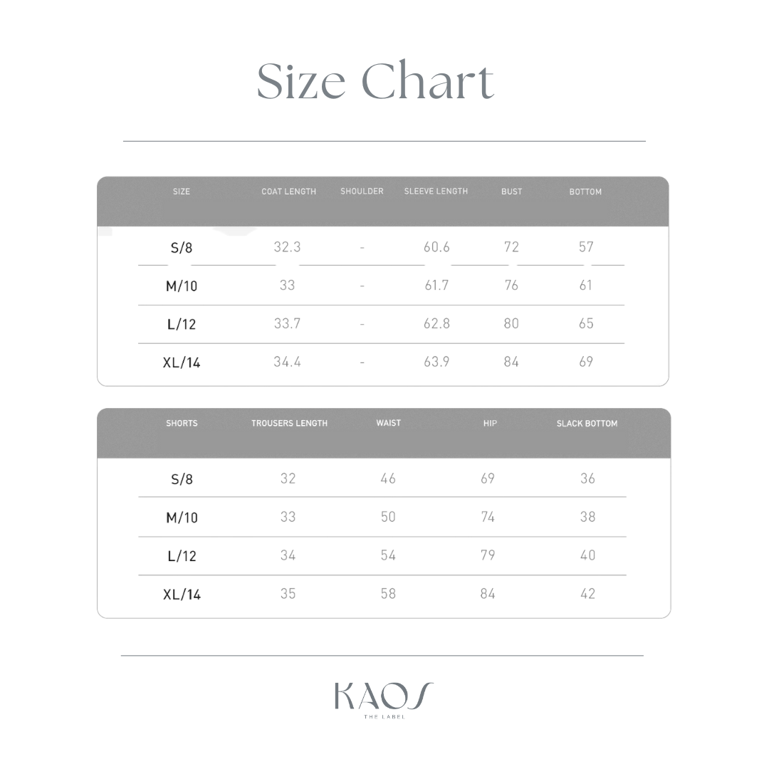 Kaos The Label women's activewear size chart showing measurements for small, medium, large and extra large sizes