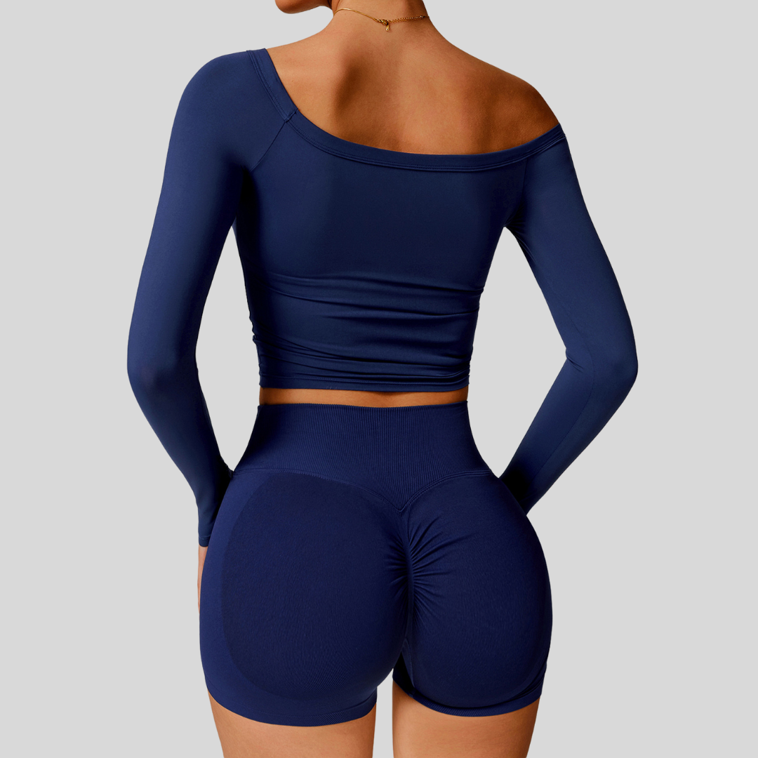 Back view of Kaos The Label Cleo Set in Navy, featuring longsleeve top and high-waisted shorts