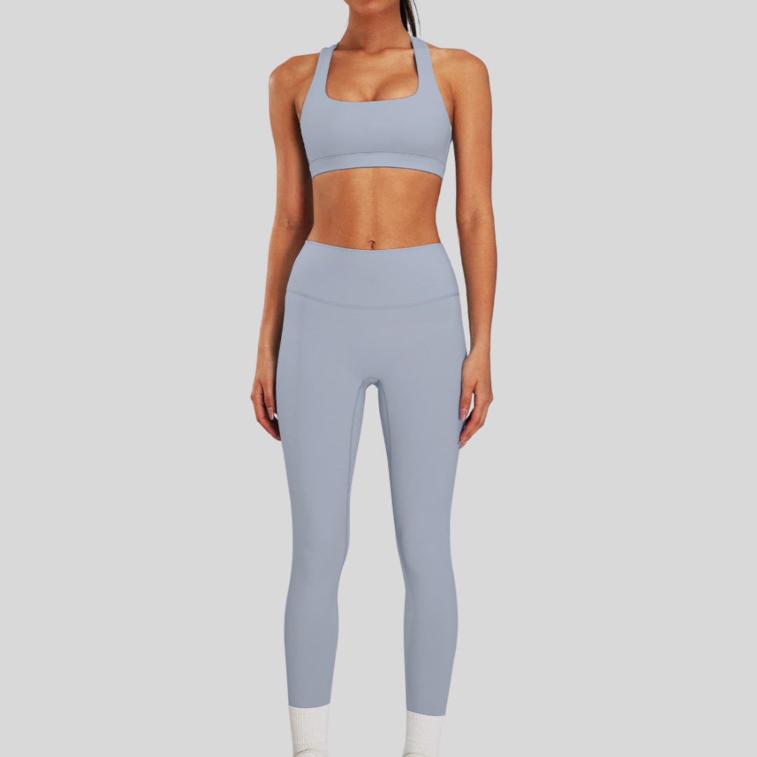Front view of Kaos The Label Bloom Set in Gray, featuring high neck racer sports bra and high-waisted leggings