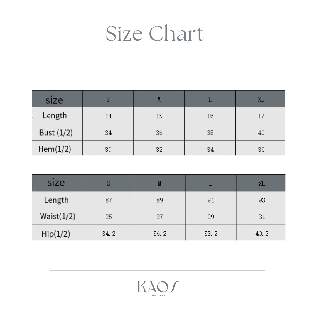 Kaos The Label women's activewear size chart showing measurements for small, medium, large and extra large sizes including bust, waist, and hip for accurate fit guidance 